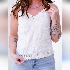 POL Ivory Cream Lace Crochet Embroidered Floral Butterfly Tank Top Boho Boutique